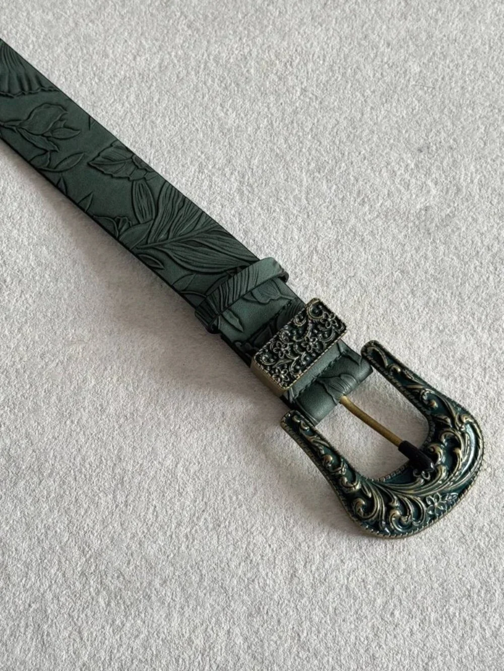 Green Embossed Western Belt with Ornate Buckle